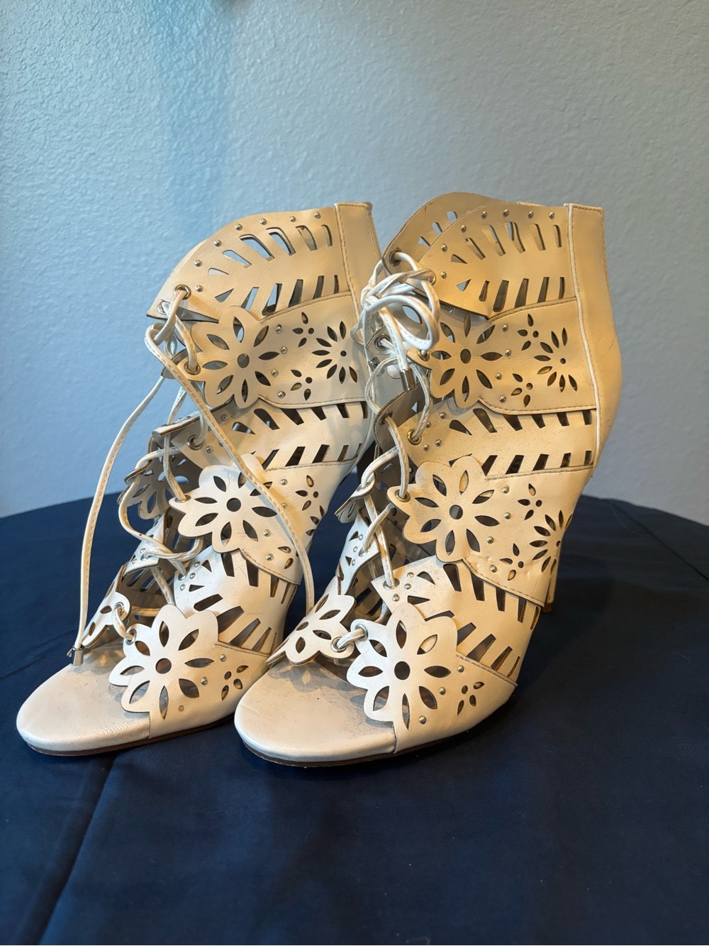 JustFab Cream Floral Laser-Cut Lace-Up Heels